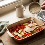 Uncooked rice being stirred into a hot dish of half-roasted peppers, zucchini and split cherry tomatoes with a wooden spoon