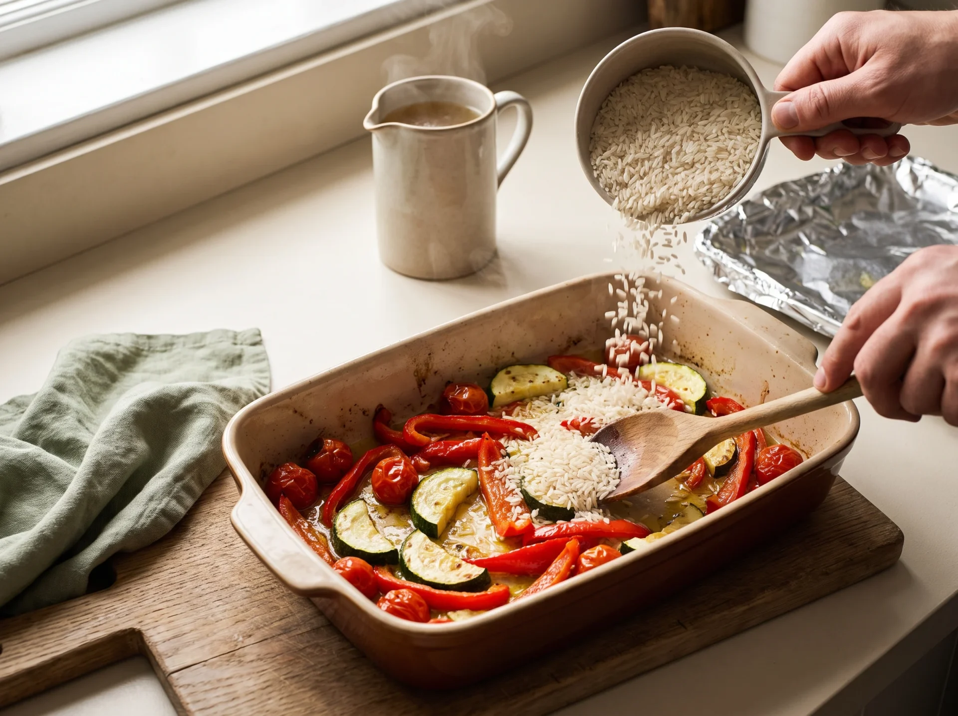 Uncooked rice being stirred into a hot dish of half-roasted peppers, zucchini and split cherry tomatoes with a wooden spoon