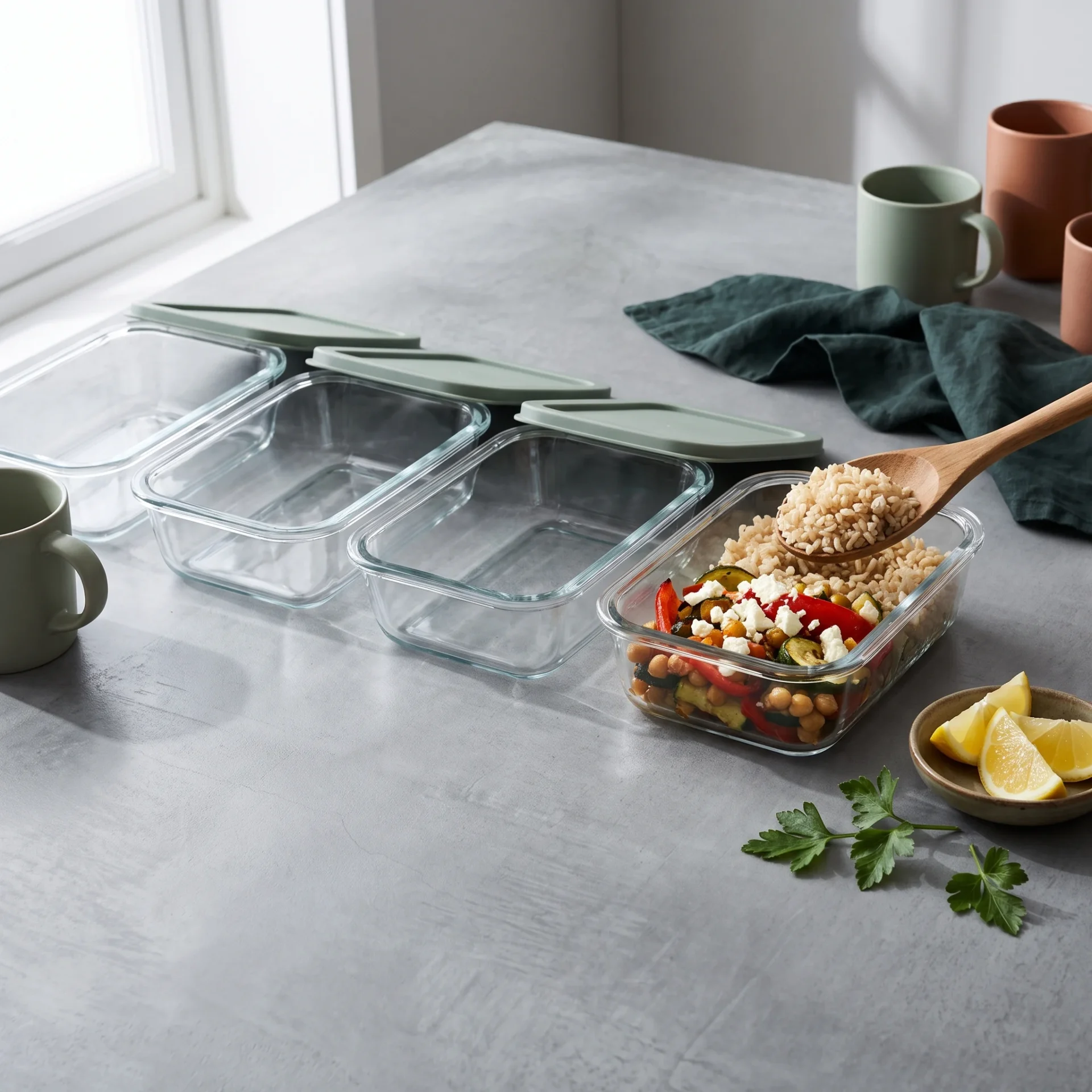 Four glass meal-prep containers with sage lids on a grey counter, one being filled with cooled rice, vegetables, chickpeas and feta