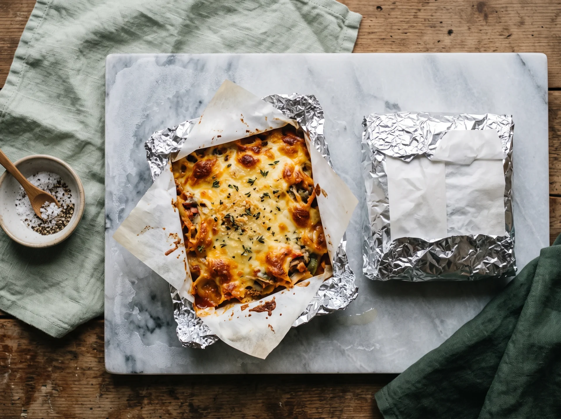 Two baked casserole squares wrapped in parchment and foil on a chilled marble slab