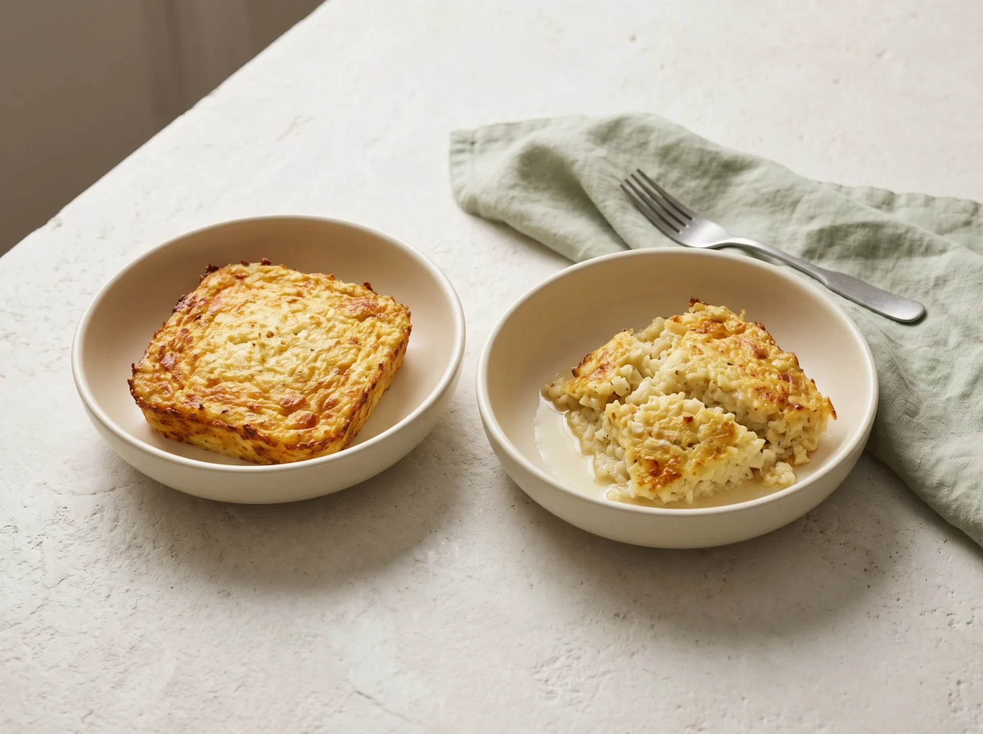 Firm baked cauliflower rice casserole beside the same dish thawed, with liquid pooling at the edge