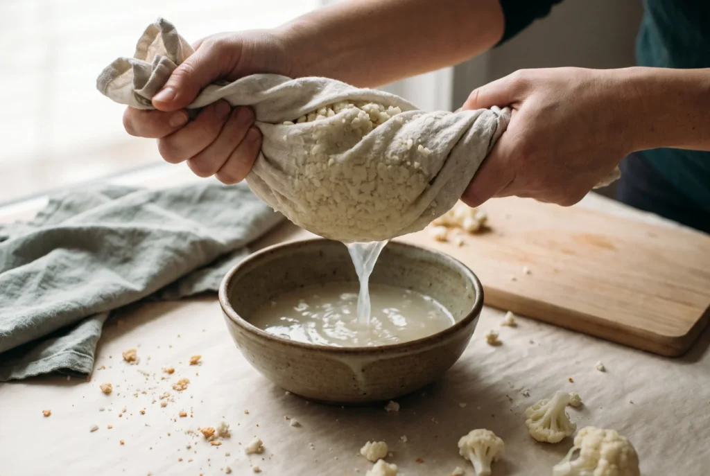 How to prevent watery cauliflower rice casserole: riced cauliflower squeezed dry in a linen towel over a bowl