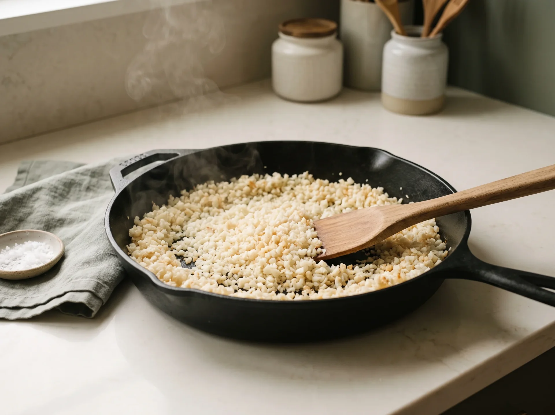 Riced cauliflower spread in a thin layer in a dry cast iron skillet, steam rising as it dries