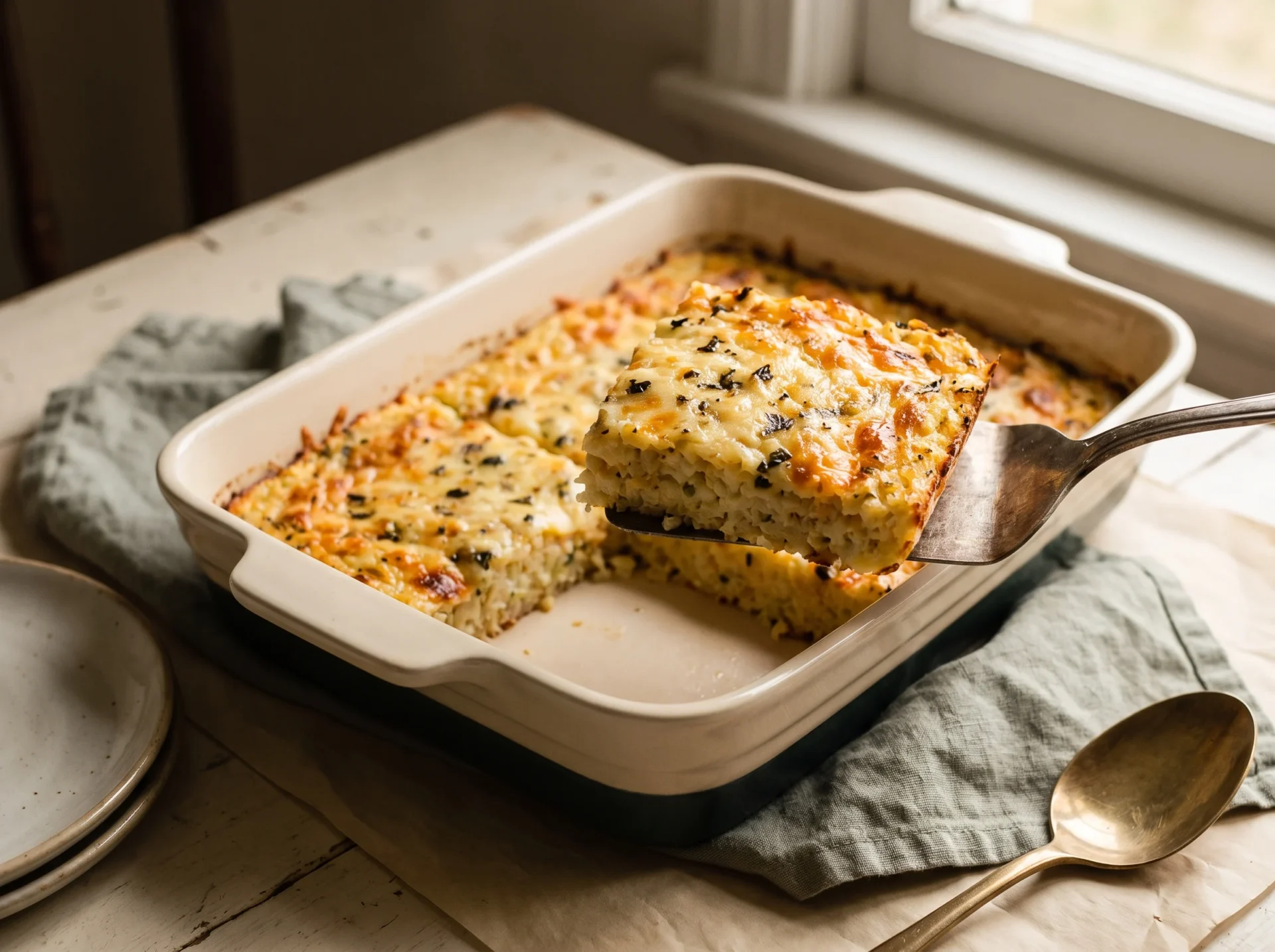 A baked cauliflower rice casserole with one square portion lifted out, the cut edge standing up clean