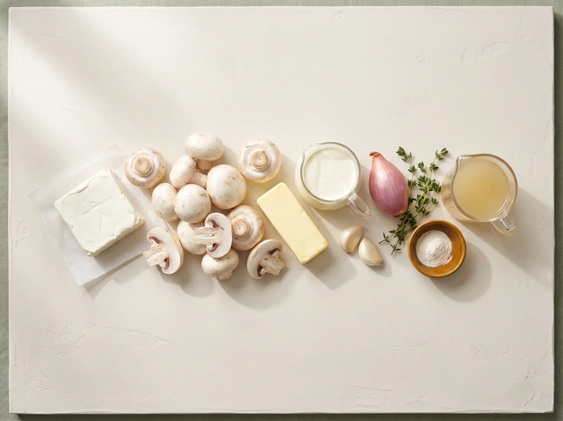 Raw white mushrooms, cream cheese, butter, heavy cream, shallot, garlic and thyme laid out on a pale board