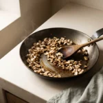 Finely chopped mushrooms browning in a dry carbon-steel skillet with a wooden spoon drawing a track through them