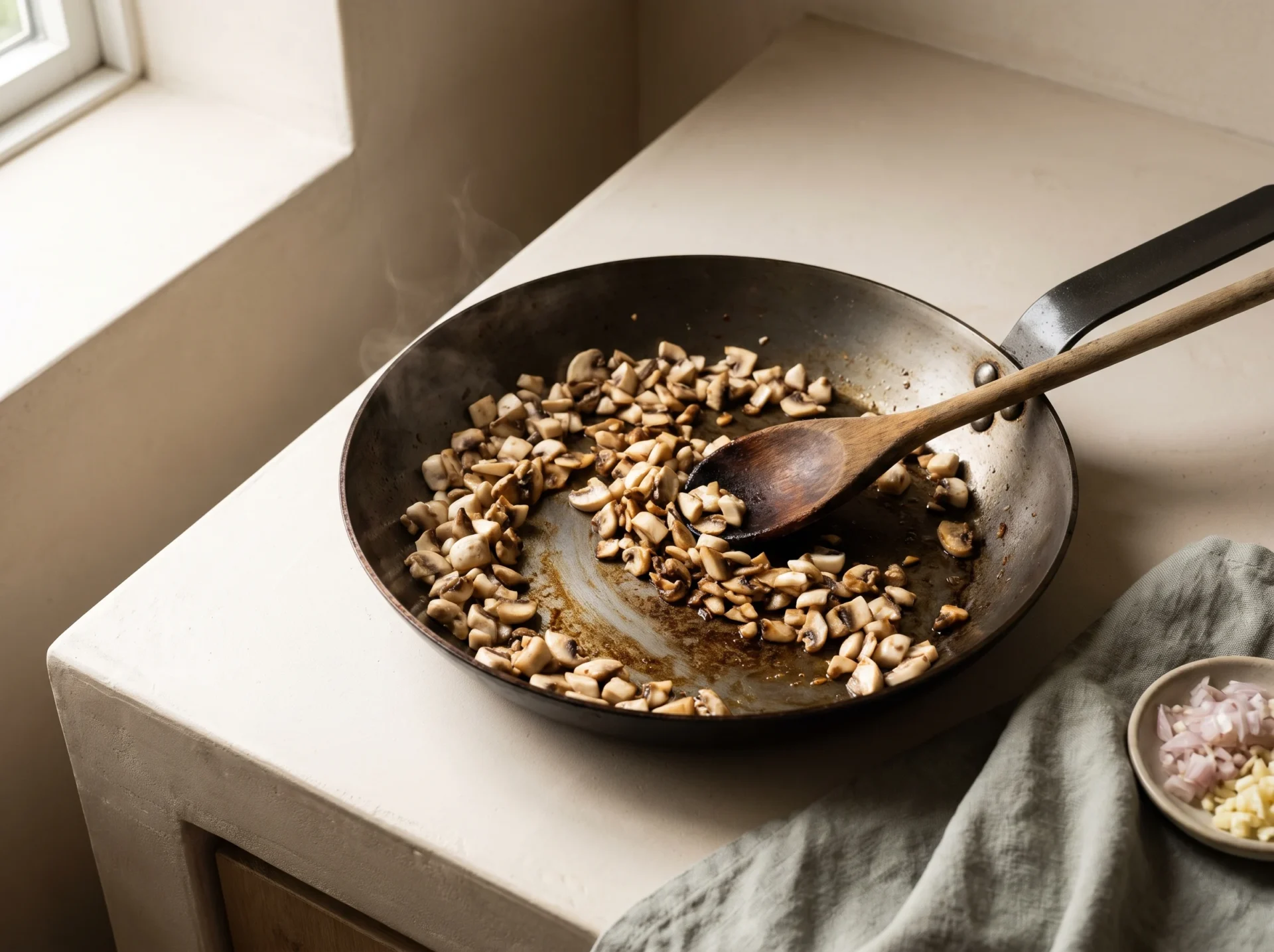 Finely chopped mushrooms browning in a dry carbon-steel skillet with a wooden spoon drawing a track through them