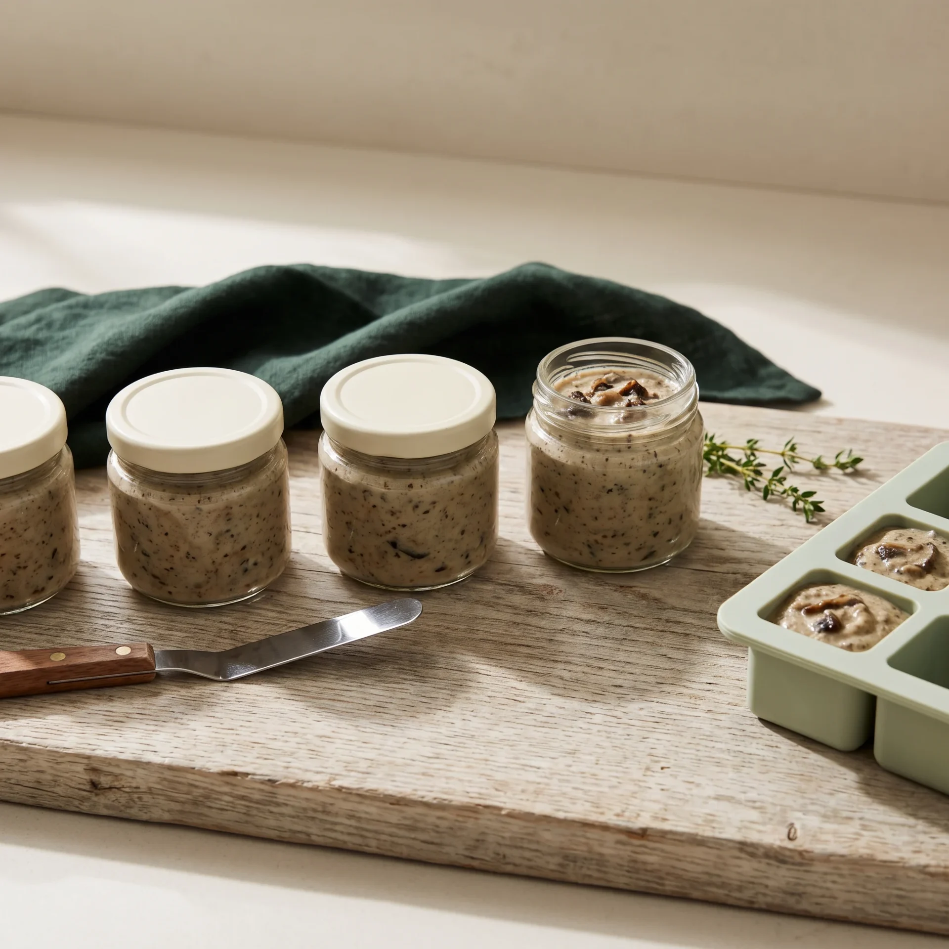 Four glass jars of thick mushroom sauce beside a silicone freezer tray holding two frozen quarter-cup cubes
