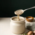 Keto cream of mushroom soup substitute in a ceramic jar, thick and flecked with browned mushrooms