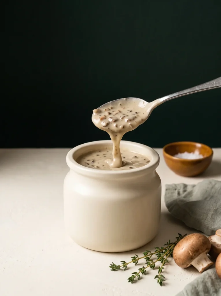 Keto cream of mushroom soup substitute in a ceramic jar, thick and flecked with browned mushrooms