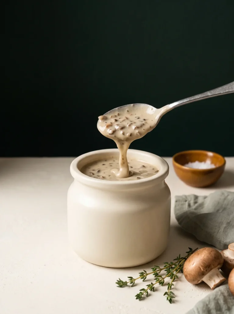 Keto cream of mushroom soup substitute in a ceramic jar, thick and flecked with browned mushrooms