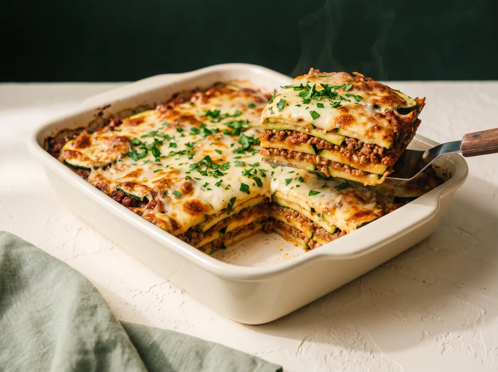 A zucchini-layered casserole with one square portion lifted out, showing four clean layers and a dry cut edge