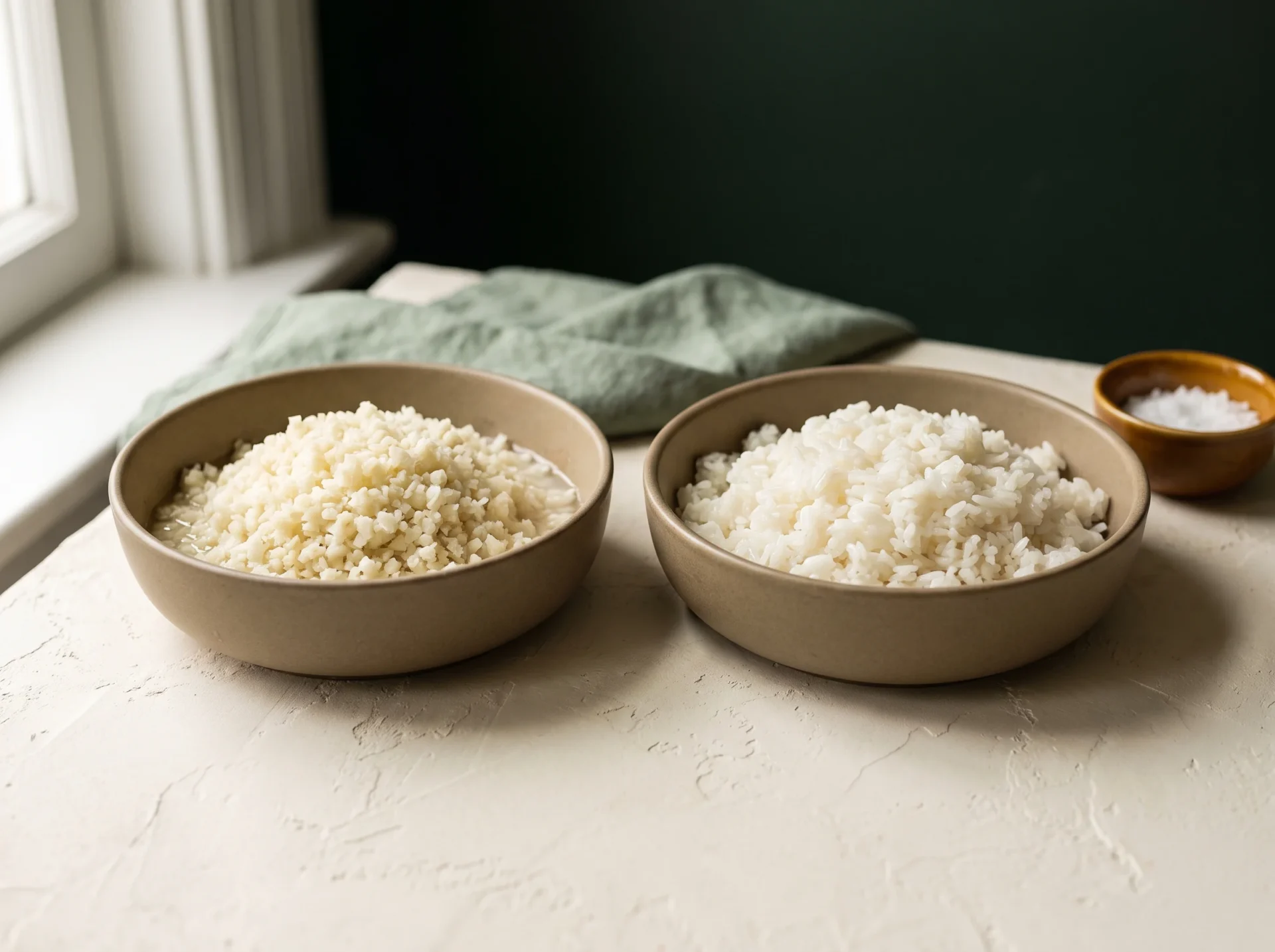 Two matching bowls side by side, one of raw riced cauliflower and one of cooked white rice, with moisture pooling under the cauliflower