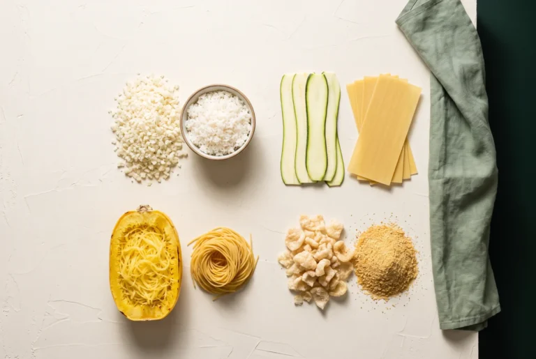 Keto casserole ingredient swaps laid out in pairs: riced cauliflower with rice, zucchini with lasagna sheets, squash and pork rinds