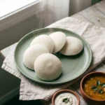 Steamed idlis from this idli batter recipe on a sage plate with coconut chutney and sambar