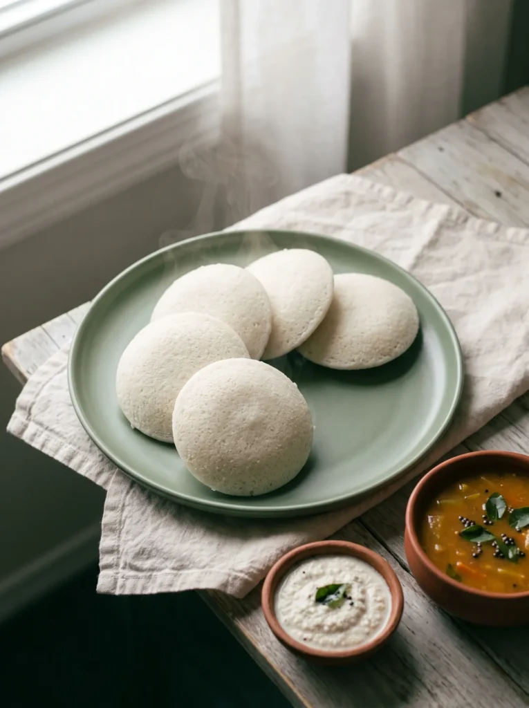 Steamed idlis from this idli batter recipe on a sage plate with coconut chutney and sambar