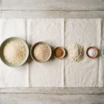 Bowls of idli rice, urad dal, fenugreek seeds, poha and salt laid out dry before soaking