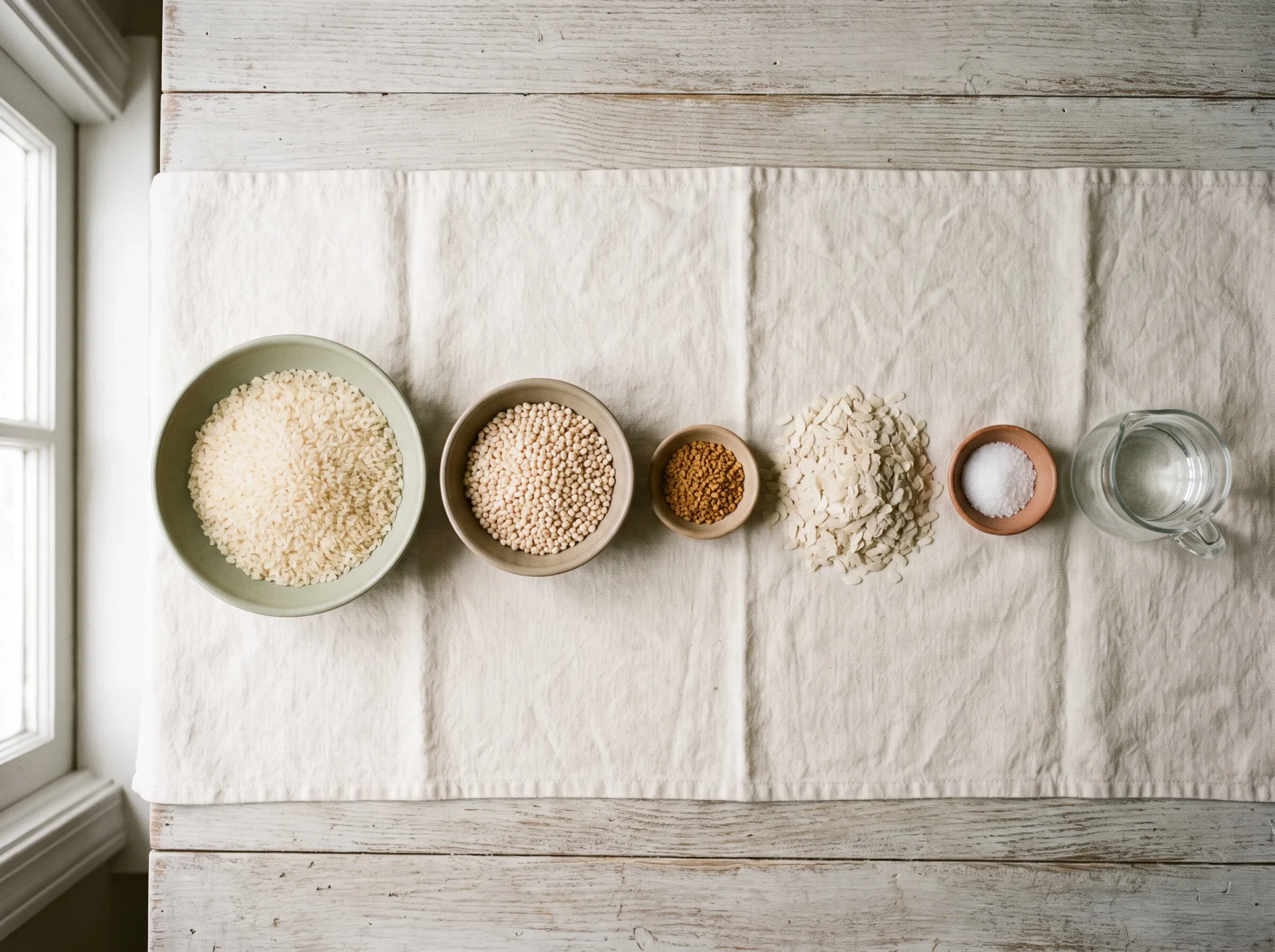 Bowls of idli rice, urad dal, fenugreek seeds, poha and salt laid out dry before soaking