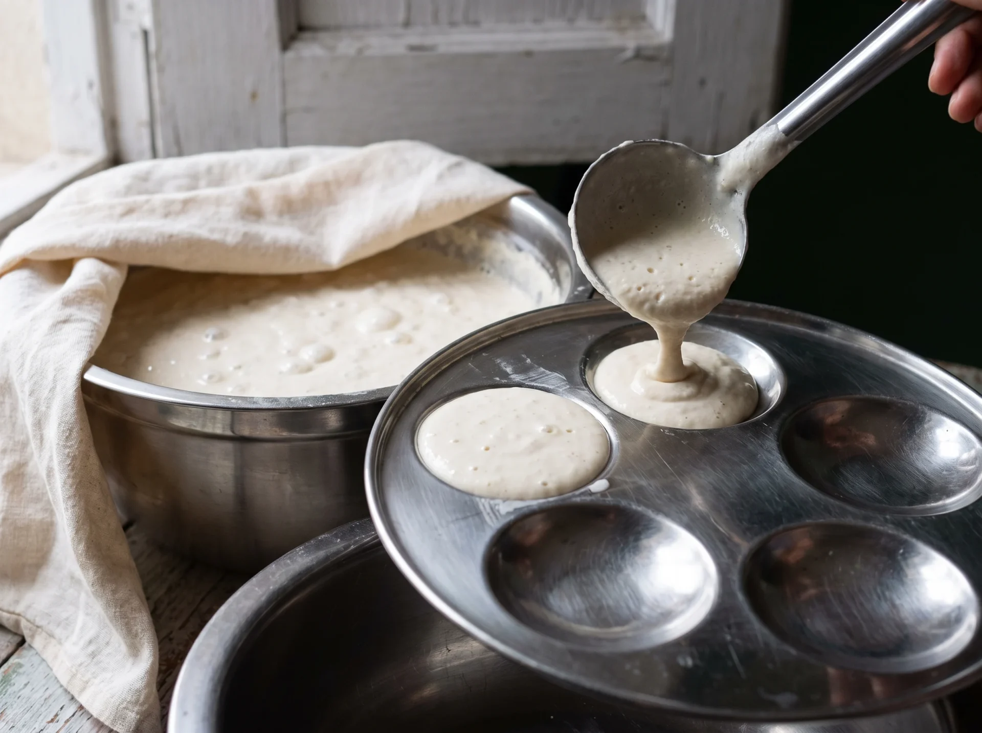 Risen fermented batter being ladled into a greased stainless steel idli mould plate
