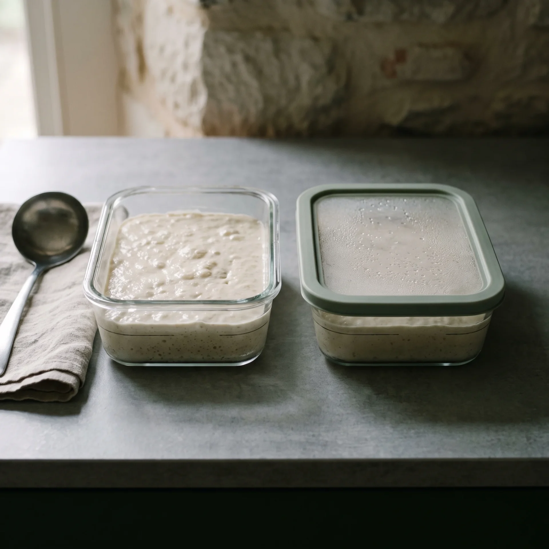 Fermented idli batter portioned into two glass meal-prep containers on a stone counter