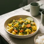 Mixed vegetable curry in a cream stoneware bowl with potato, cauliflower, carrot, peas and chickpeas in a golden coconut sauce