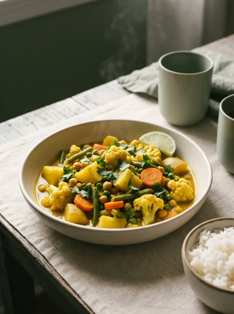 Mixed vegetable curry in a cream stoneware bowl with potato, cauliflower, carrot, peas and chickpeas in a golden coconut sauce