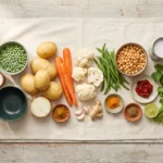 Raw ingredients for vegetable curry laid out overhead: potatoes, carrots, cauliflower, green beans, peas, chickpeas, onion, ginger and spices