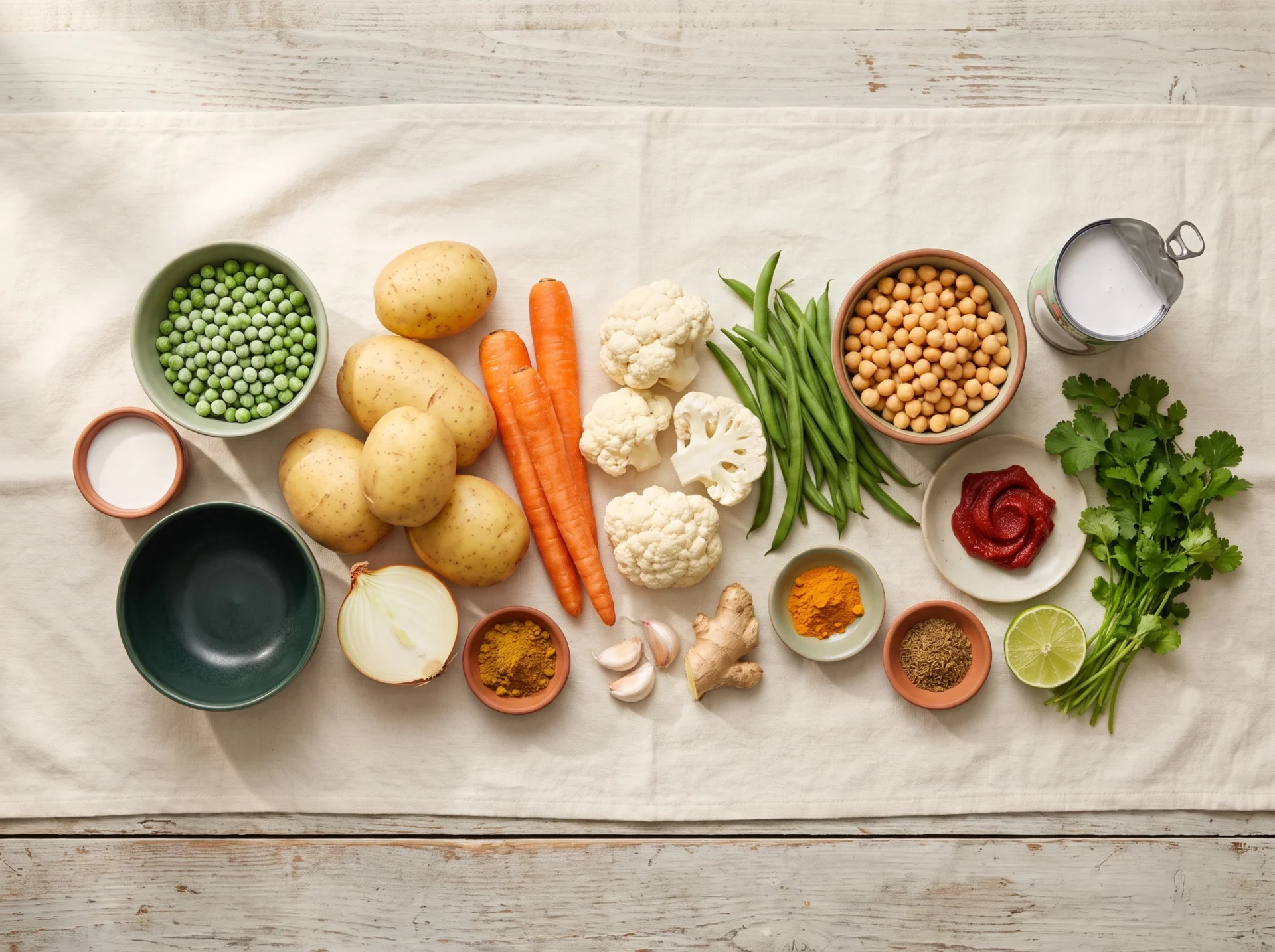 Raw ingredients for vegetable curry laid out overhead: potatoes, carrots, cauliflower, green beans, peas, chickpeas, onion, ginger and spices