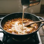 Coconut milk being poured from a can into a cast iron pan of bloomed curry spices, onion and tomato paste