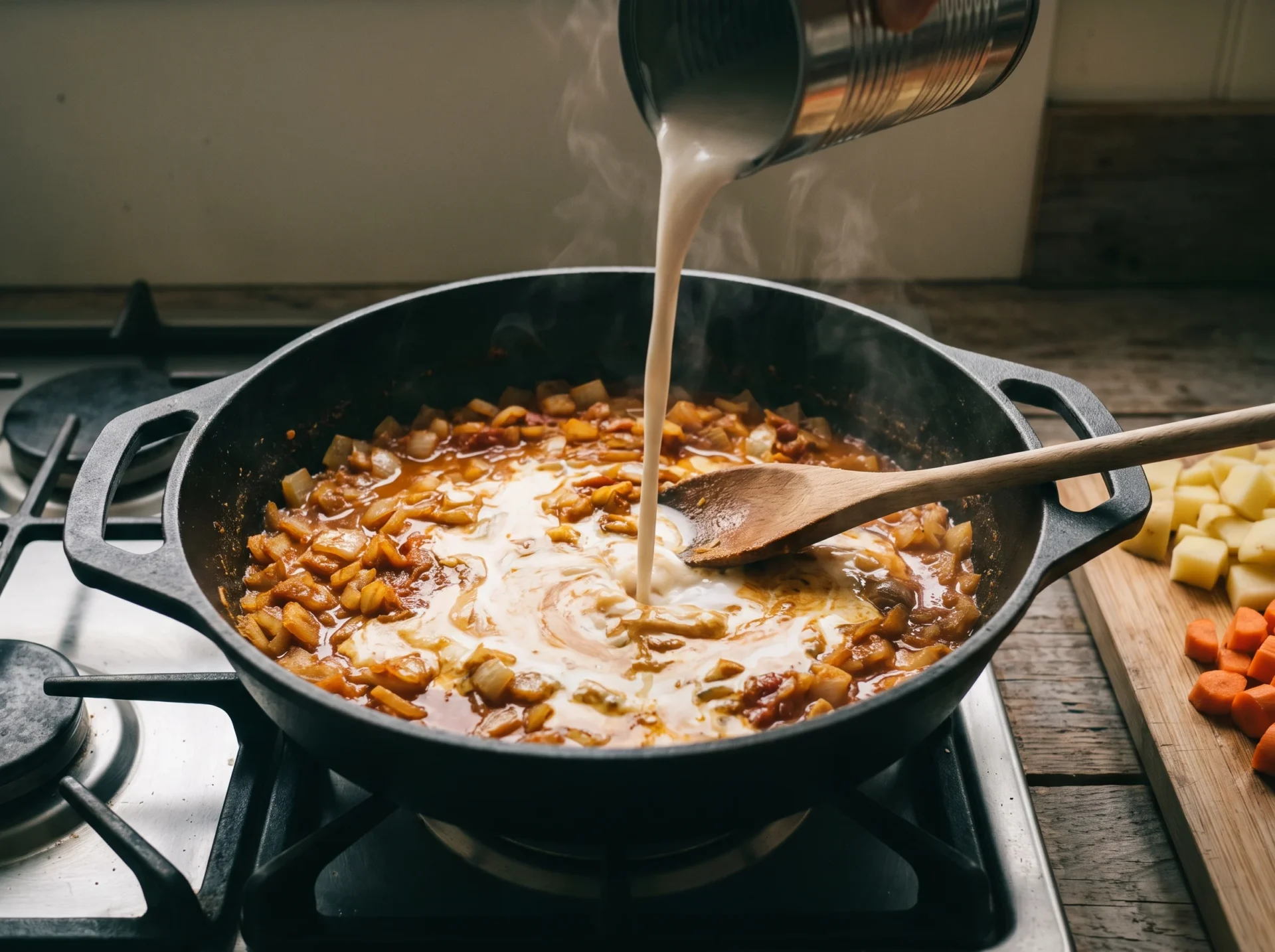 Coconut milk being poured from a can into a cast iron pan of bloomed curry spices, onion and tomato paste