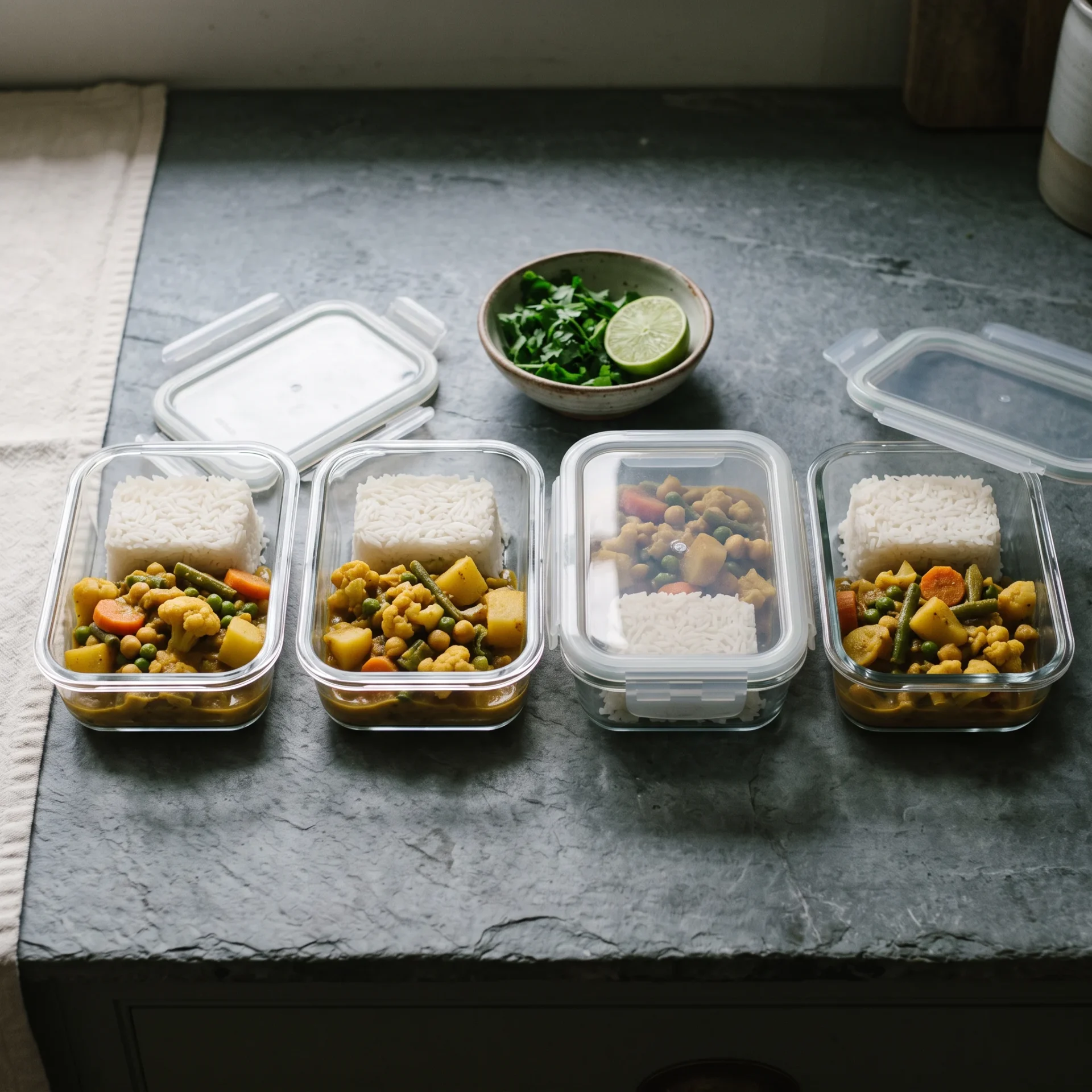 Four glass meal prep containers of vegetable curry with rice, lids open, on a grey slate counter