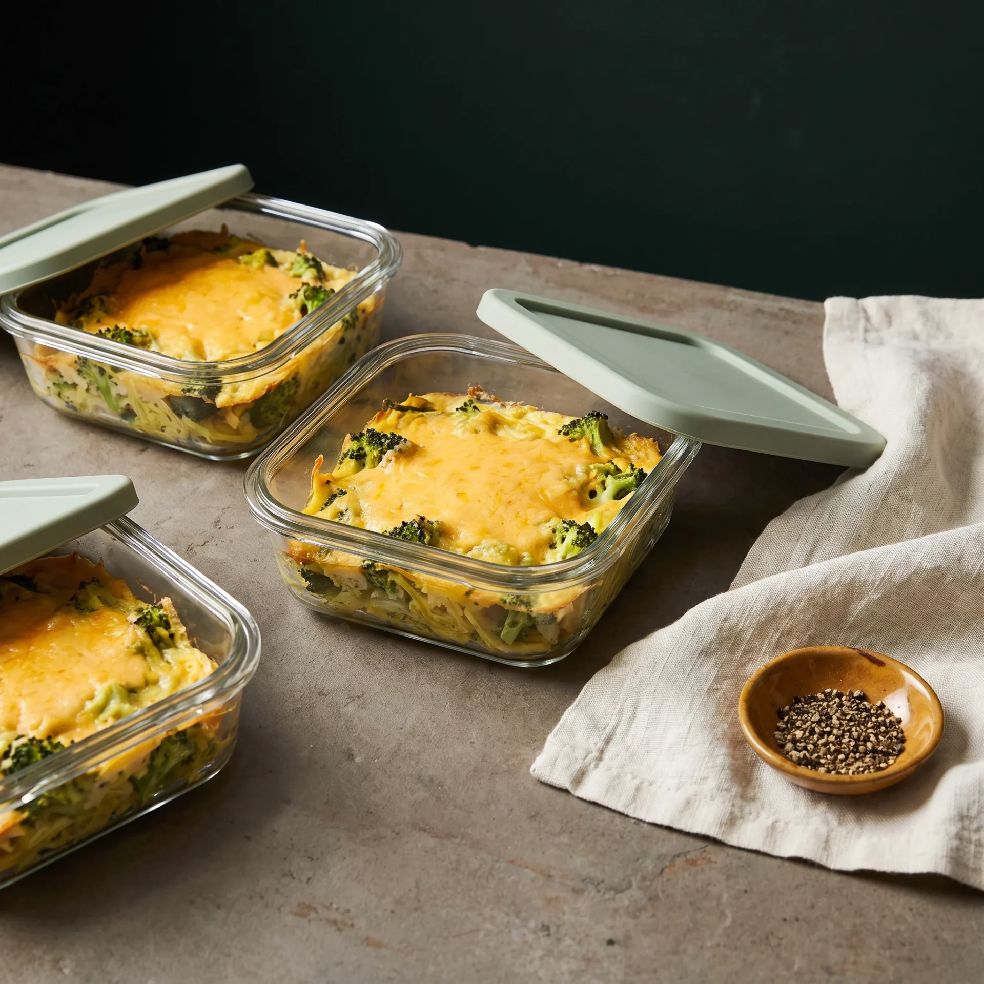 Three glass meal-prep containers of spaghetti squash and broccoli bake with sage lids on a stone counter