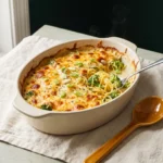 Broccoli cheddar spaghetti squash bake in a cream stoneware dish, browned cheese top, one portion lifted on a fork
