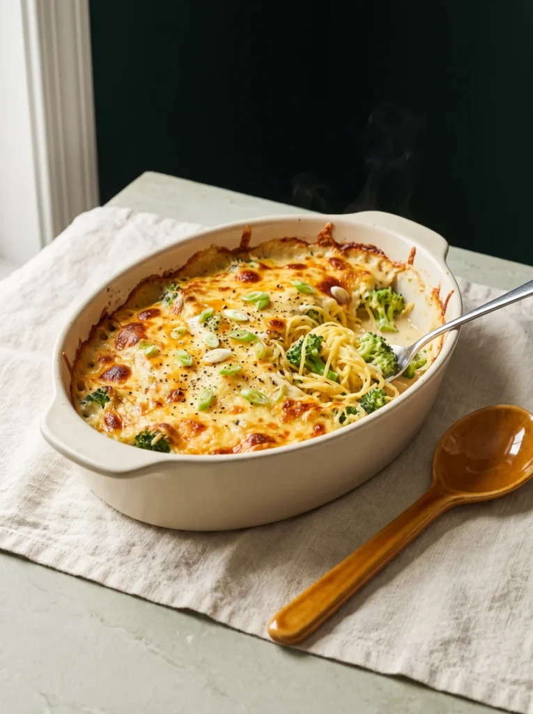 Broccoli cheddar spaghetti squash bake in a cream stoneware dish, browned cheese top, one portion lifted on a fork
