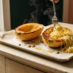 A fork pulling steaming strands from a roasted spaghetti squash half on a parchment-lined sheet pan