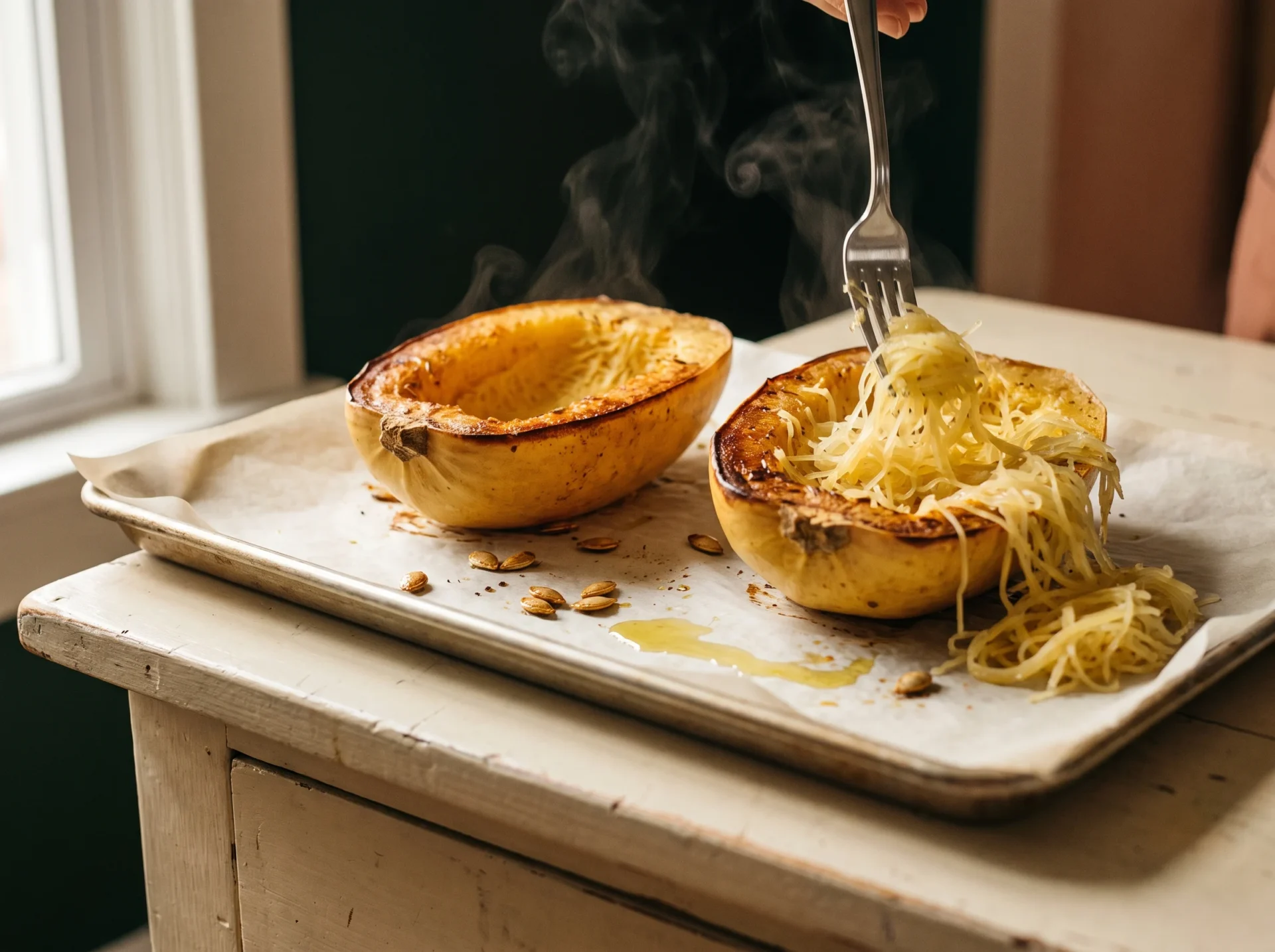 A fork pulling steaming strands from a roasted spaghetti squash half on a parchment-lined sheet pan