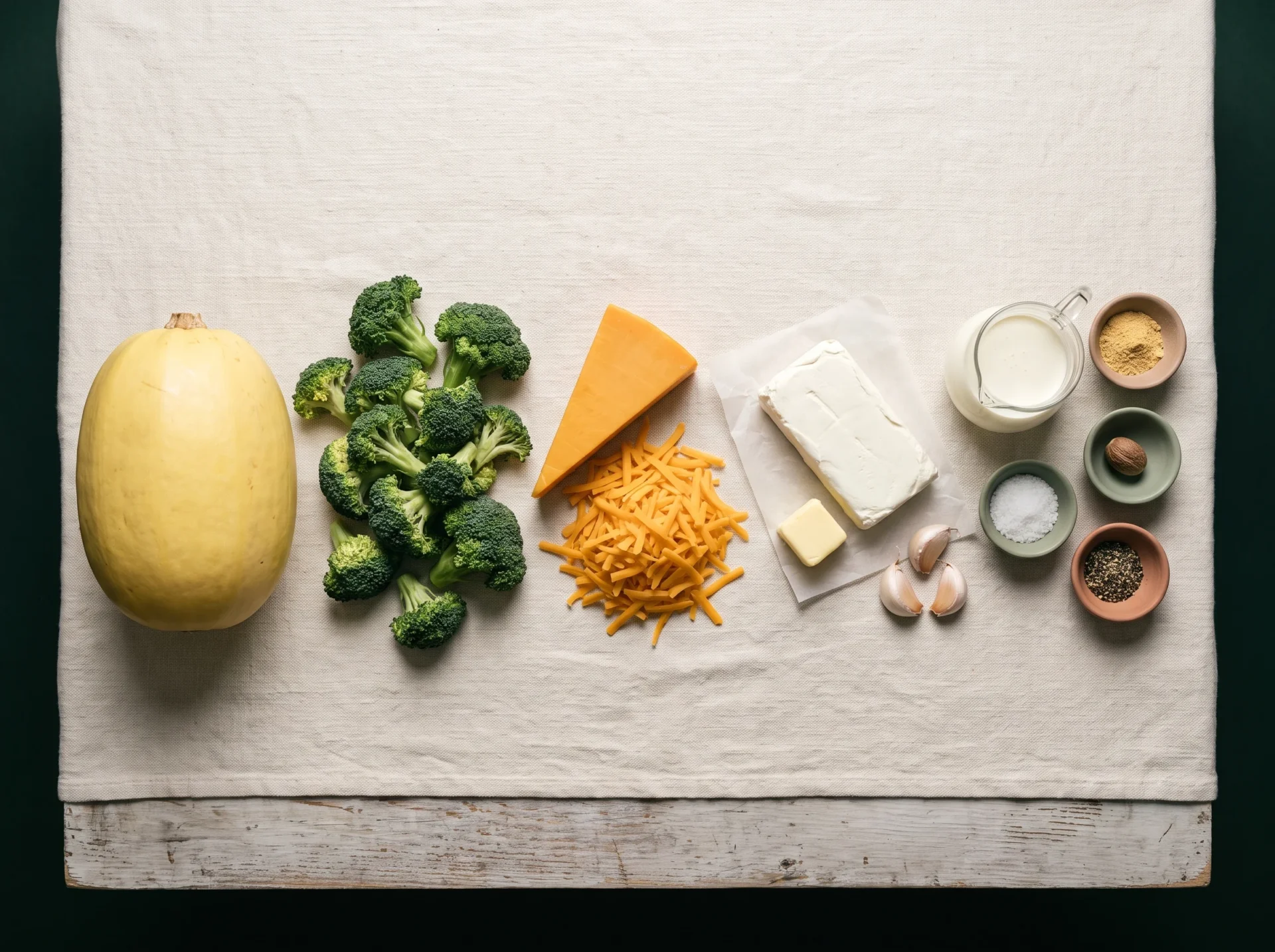 Raw spaghetti squash, broccoli florets, block cheddar, cream cheese and heavy cream laid out on linen
