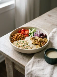 Vegan Mediterranean rice bowl with crispy chickpeas, roasted tofu, tomatoes, olives and tahini sauce