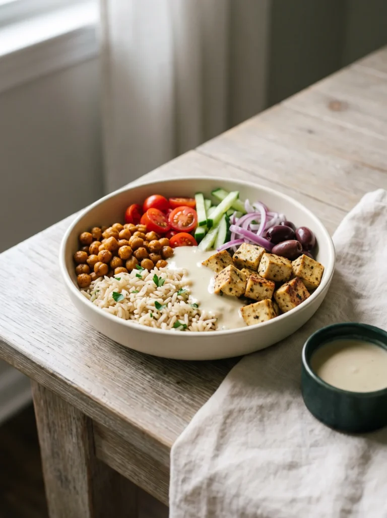 Vegan Mediterranean rice bowl with crispy chickpeas, roasted tofu, tomatoes, olives and tahini sauce