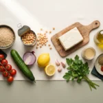 Raw ingredients laid out on linen: dry brown rice, canned chickpeas, a block of tofu, lemons, tahini and vegetables