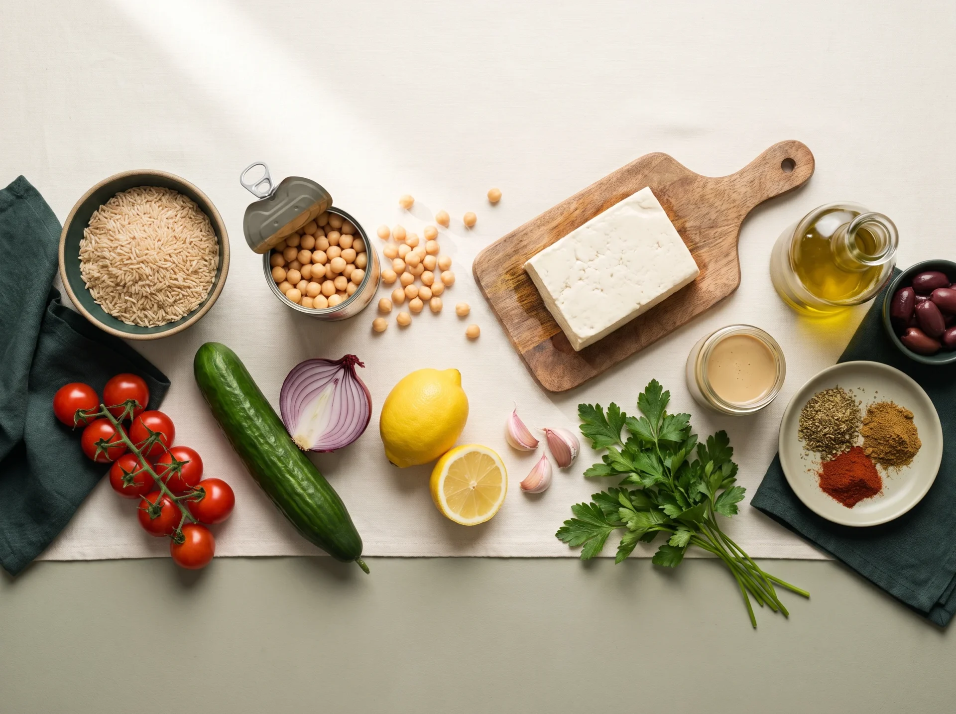 Raw ingredients laid out on linen: dry brown rice, canned chickpeas, a block of tofu, lemons, tahini and vegetables
