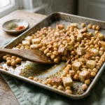 Chickpeas and cubed tofu part-roasted on a hot sheet pan with a wooden spatula turning them