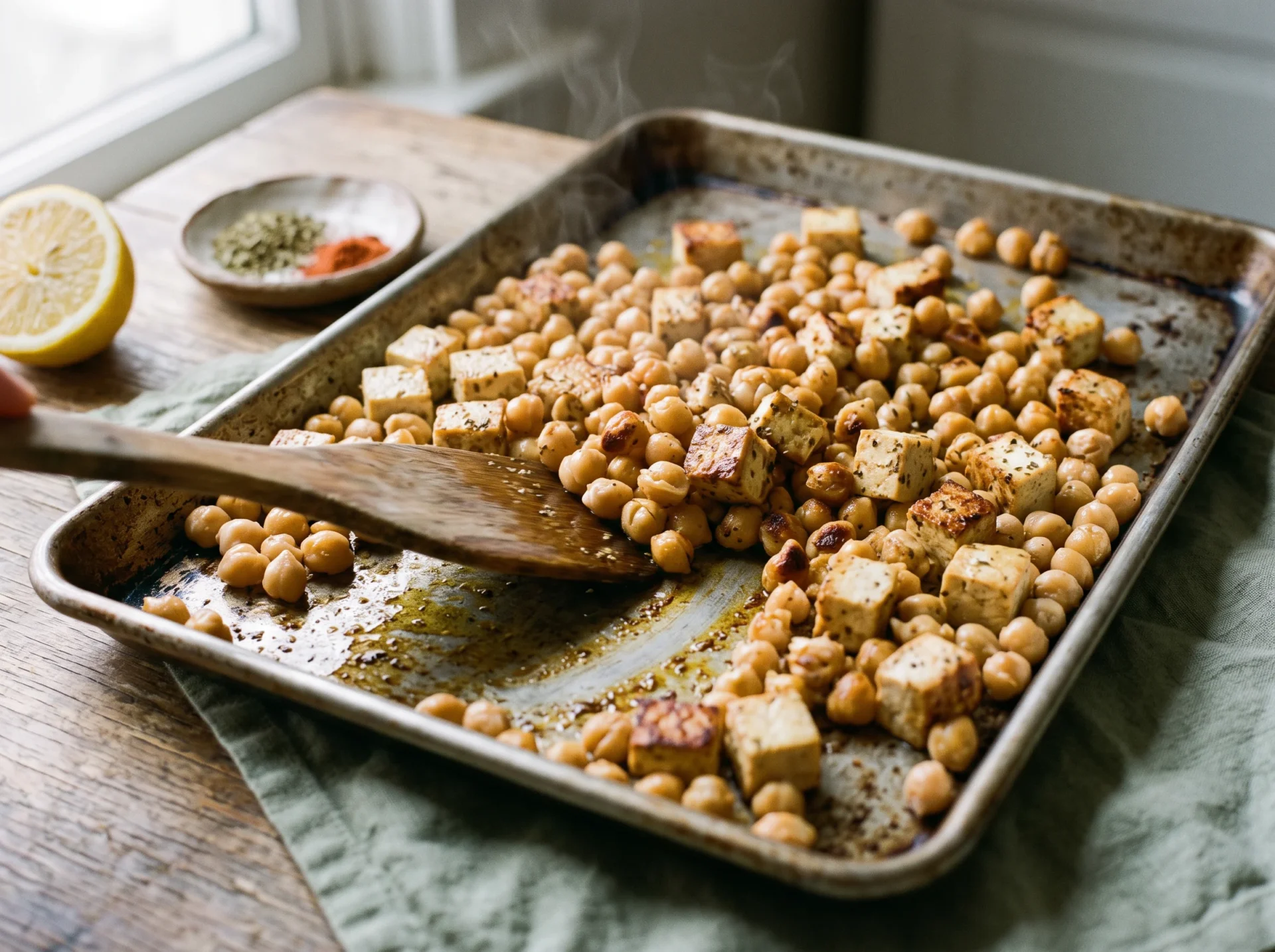 Chickpeas and cubed tofu part-roasted on a hot sheet pan with a wooden spatula turning them
