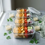 Four glass meal-prep containers of rice, roasted chickpeas and tofu with tahini sauce in separate pots