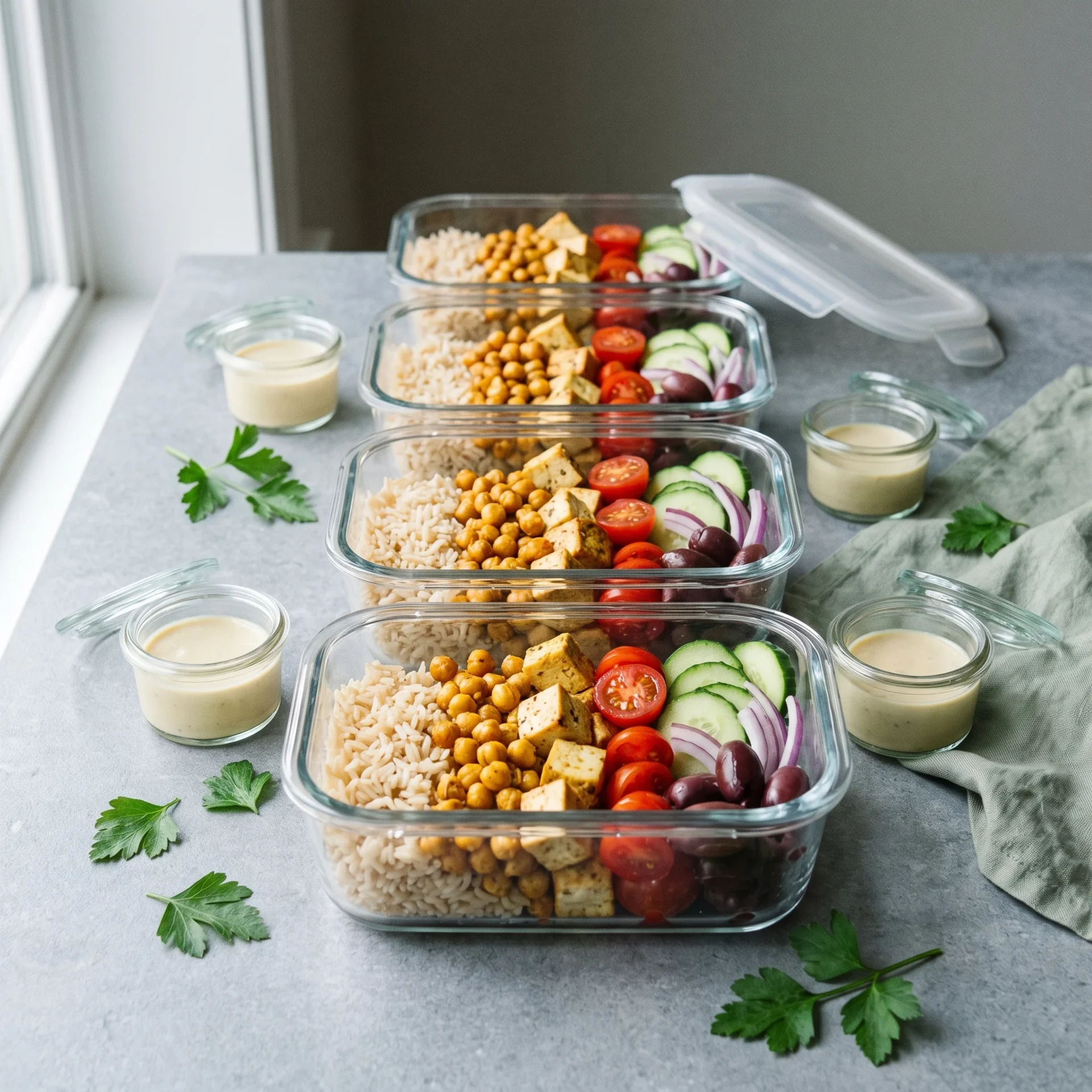 Four glass meal-prep containers of rice, roasted chickpeas and tofu with tahini sauce in separate pots