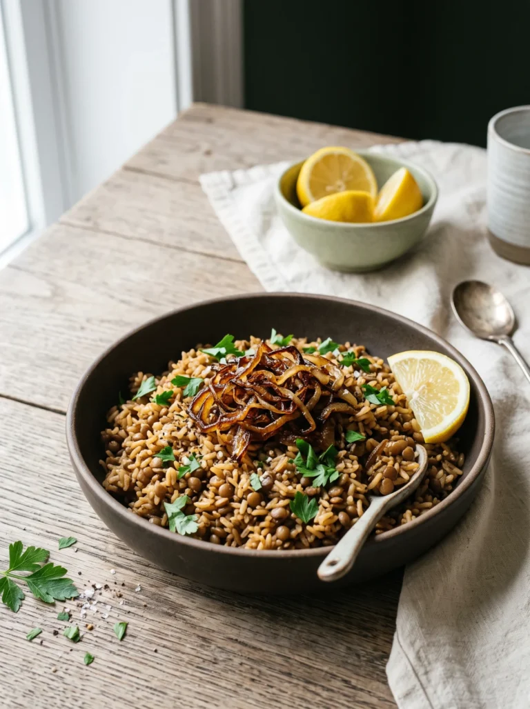 Bowl of vegan mujadara with brown rice topped with dark crispy onions, parsley and a lemon wedge