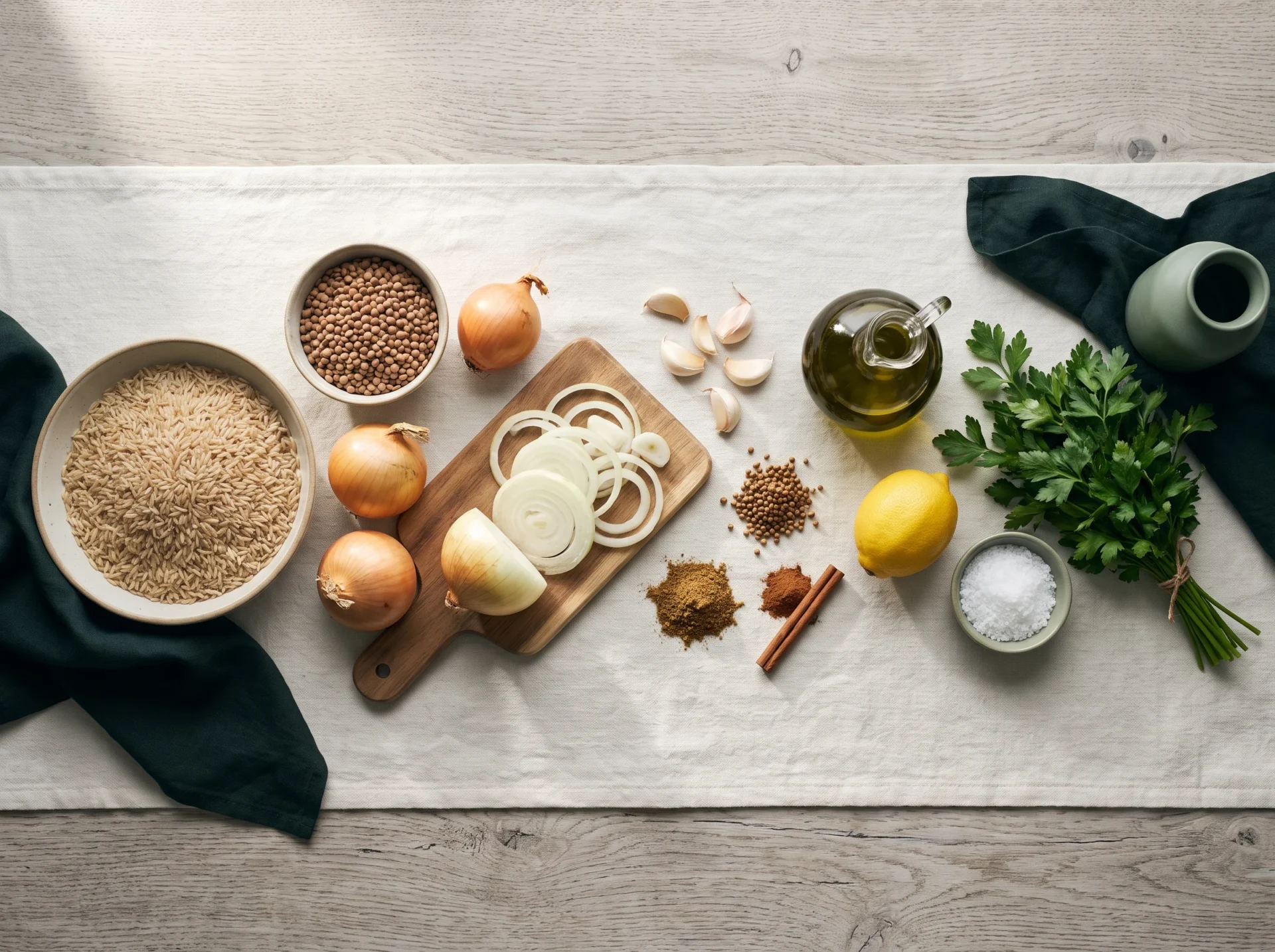 Raw ingredients laid out: dry brown rice, brown lentils, sliced onions, garlic, spices, olive oil and lemon
