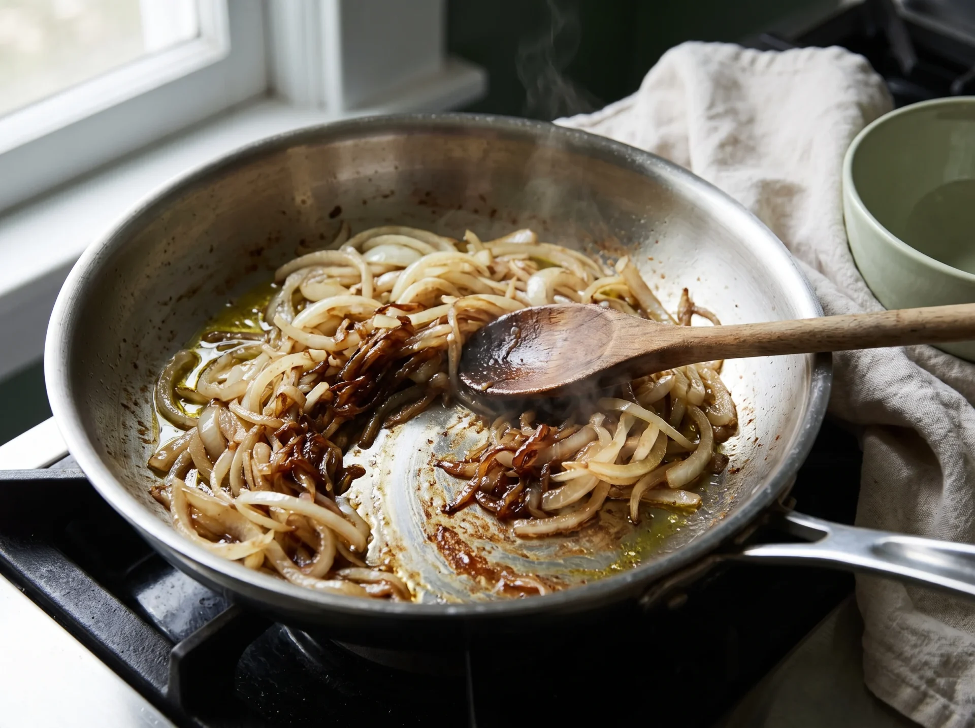 Sliced onions part-way through caramelizing in a stainless skillet with a wooden spoon mid-stir