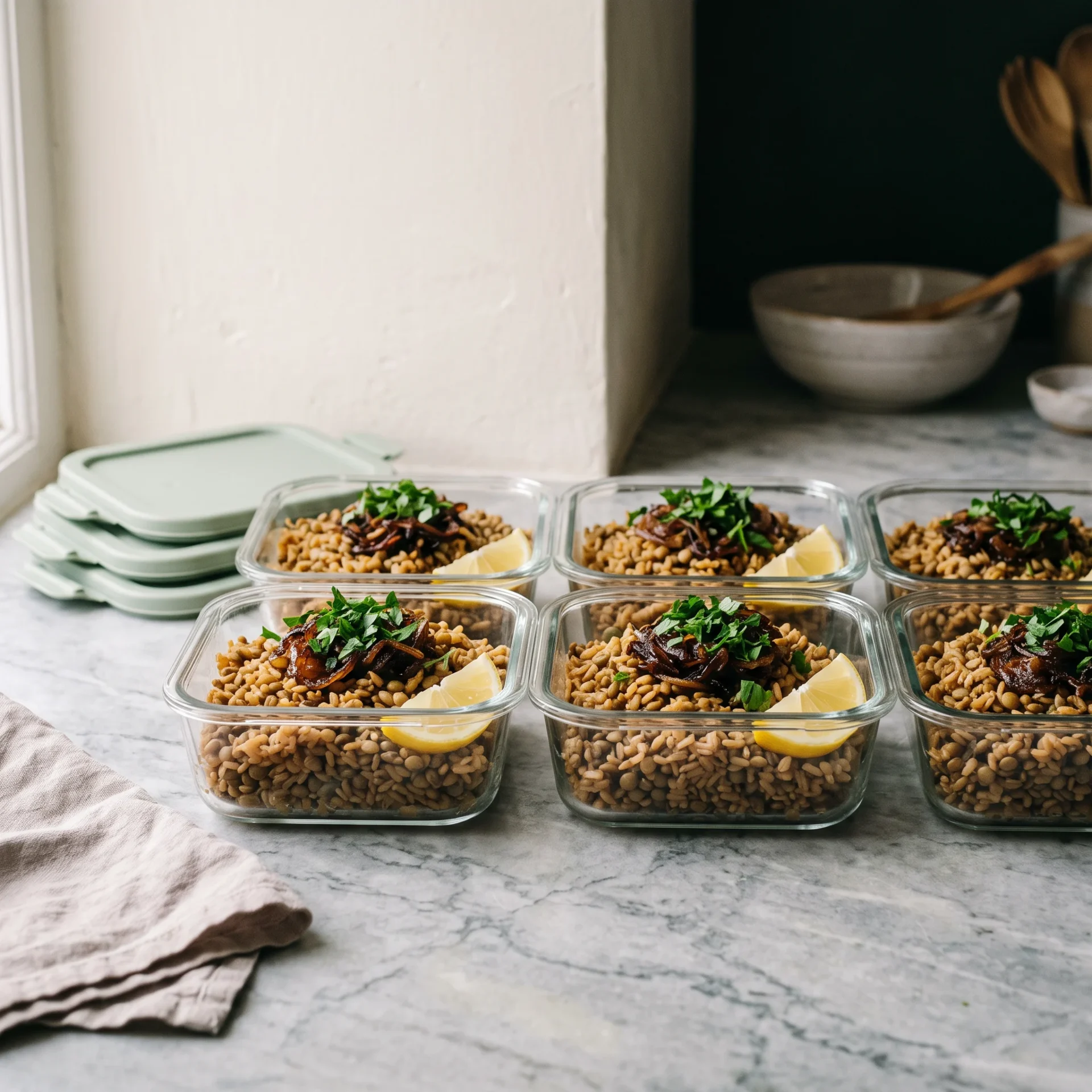 Six glass meal-prep containers filled with brown rice mujadara, caramelized onion and parsley