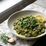 Bowl of vegan spanakorizo, deep green spinach rice topped with dill, parsley, capers and two lemon wedges